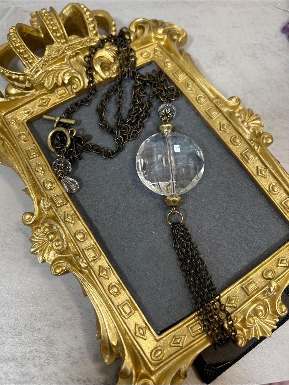 Crystal Drop Pendant Necklace in Antique Bronze